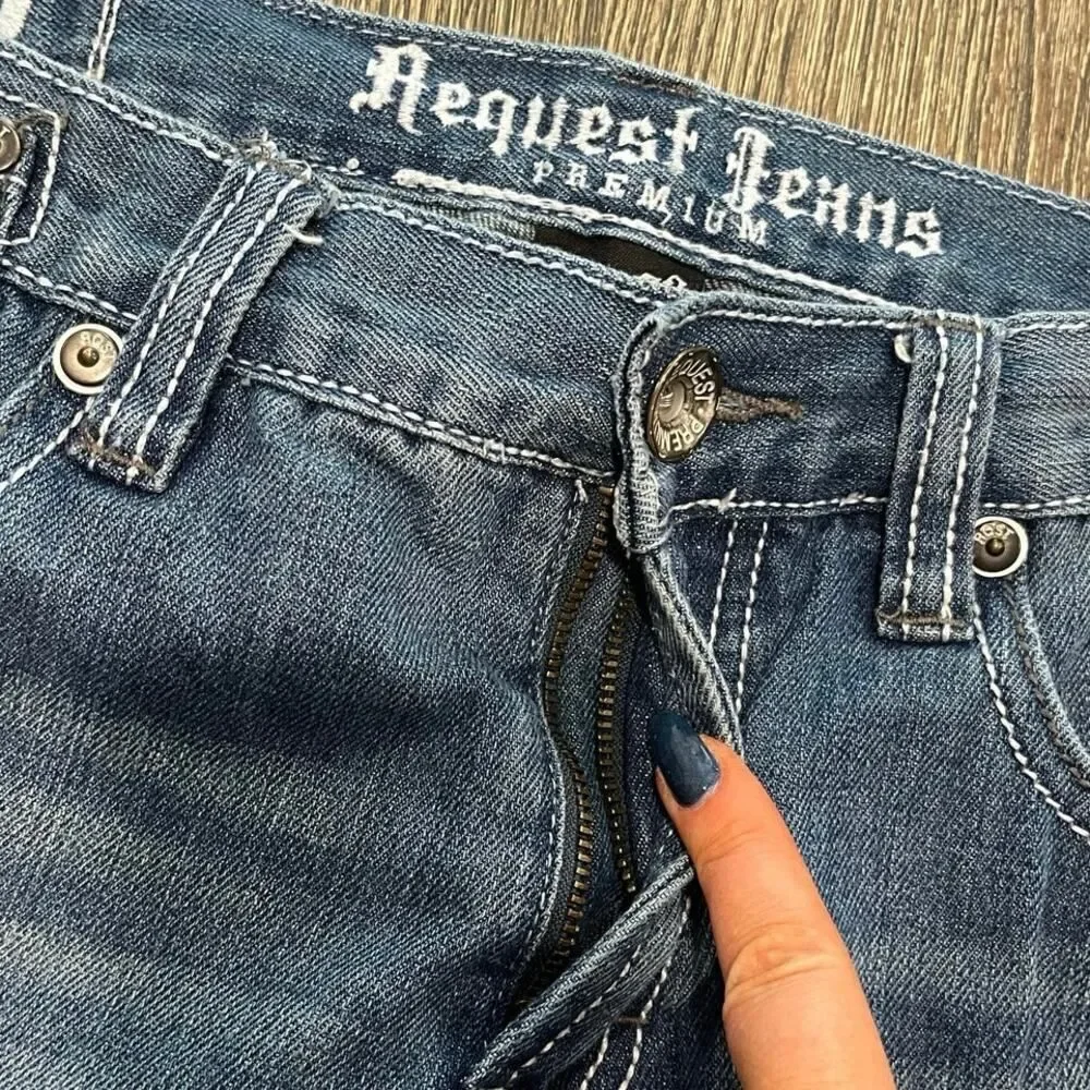 Request Jeans Straight Leg Mid Rise Distressed Denim Medium Wash Blue Size 32x32